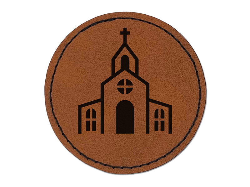 Church Building Round Iron-On Engraved Faux Leather Patch Applique - 2.5"