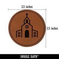 Church Building Round Iron-On Engraved Faux Leather Patch Applique - 2.5"