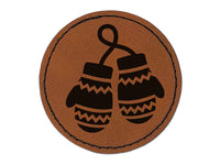 Cozy Winter Mittens Round Iron-On Engraved Faux Leather Patch Applique - 2.5"