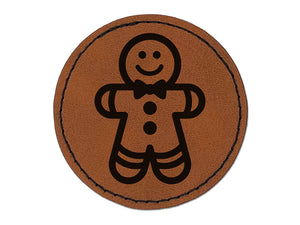 Gingerbread Man Christmas Cookie Round Iron-On Engraved Faux Leather Patch Applique - 2.5"