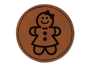 Gingerbread Woman Christmas Cookie Round Iron-On Engraved Faux Leather Patch Applique - 2.5"