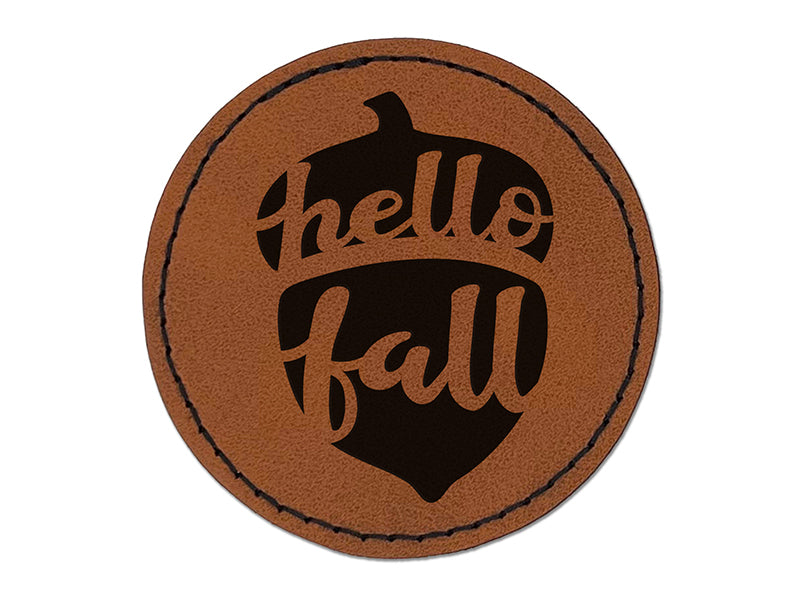 Hello Fall Acorn Round Iron-On Engraved Faux Leather Patch Applique - 2.5"