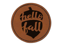Hello Fall Acorn Round Iron-On Engraved Faux Leather Patch Applique - 2.5"
