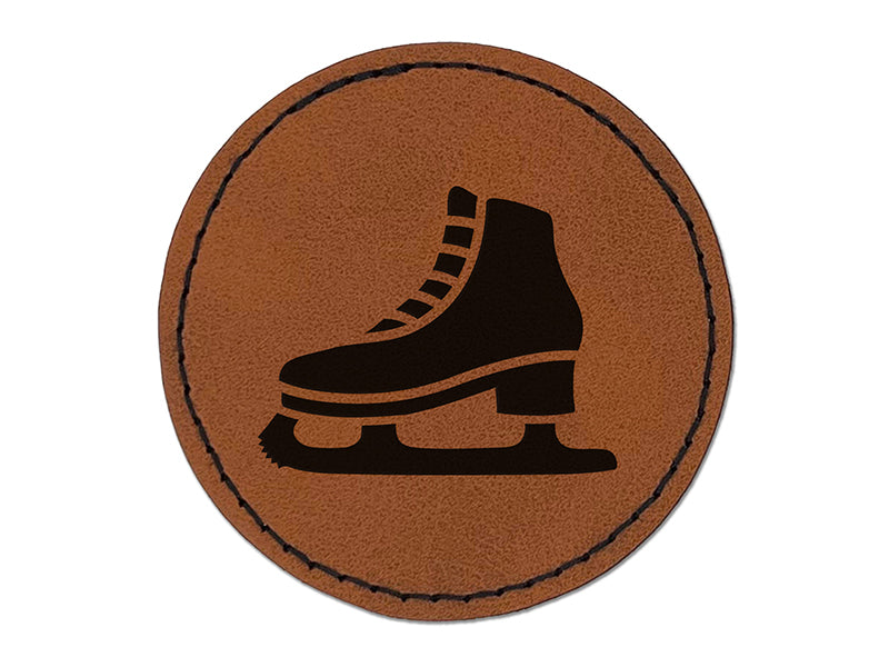 Ice Skate Skating Winter Sport Round Iron-On Engraved Faux Leather Patch Applique - 2.5"