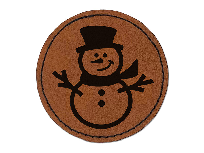 Smiling Snowman Winter Christmas Round Iron-On Engraved Faux Leather Patch Applique - 2.5"