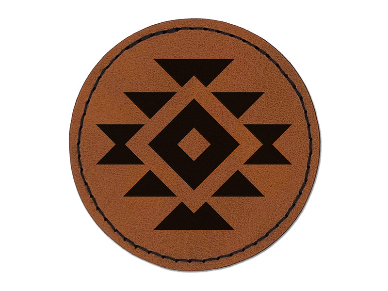 Southwest Pattern Shape Round Iron-On Engraved Faux Leather Patch Applique - 2.5"