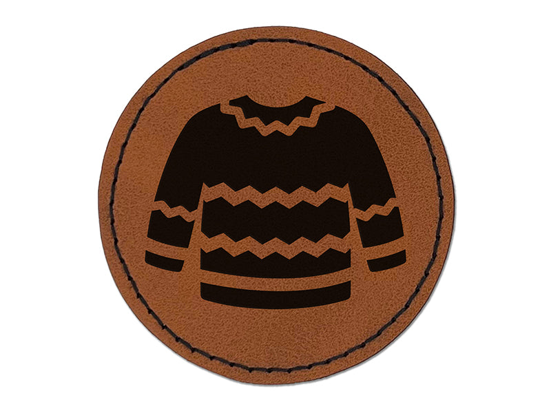 Winter Sweater Round Iron-On Engraved Faux Leather Patch Applique - 2.5"