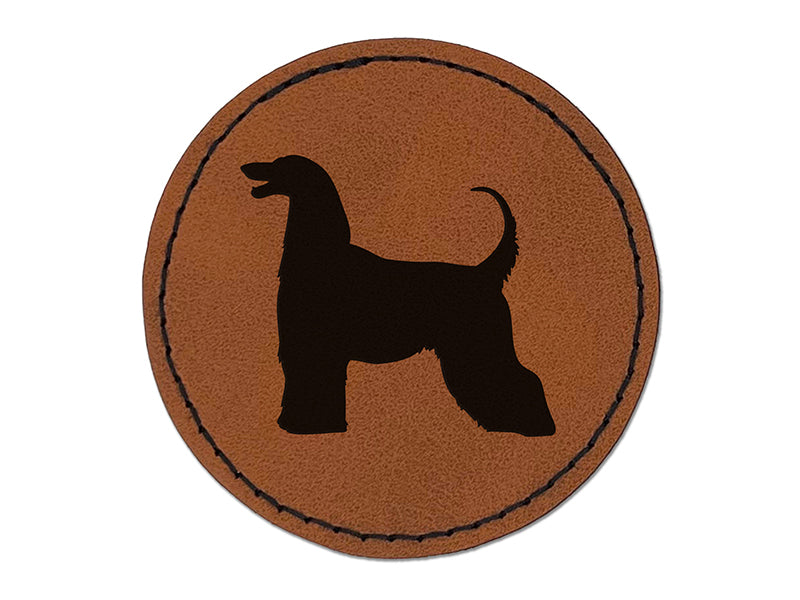 Afghan Hound Dog Solid Round Iron-On Engraved Faux Leather Patch Applique - 2.5"