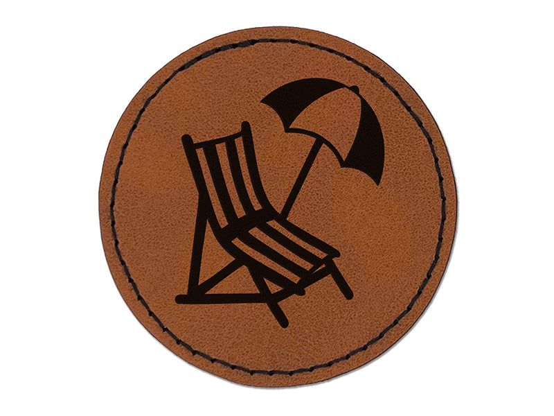 Beach Lounge Chair and Umbrella Round Iron-On Engraved Faux Leather Patch Applique - 2.5"