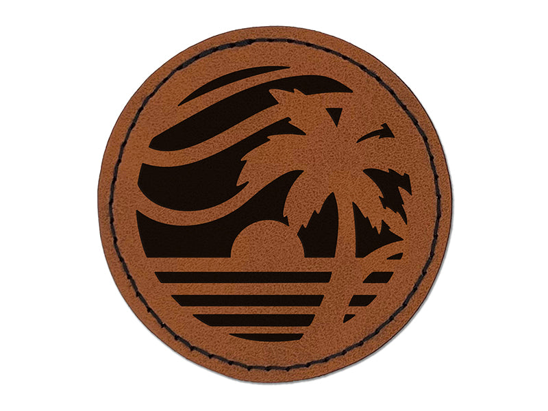 Beach Sunset Scene Tropical Ocean Round Iron-On Engraved Faux Leather Patch Applique - 2.5"