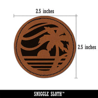 Beach Sunset Scene Tropical Ocean Round Iron-On Engraved Faux Leather Patch Applique - 2.5"