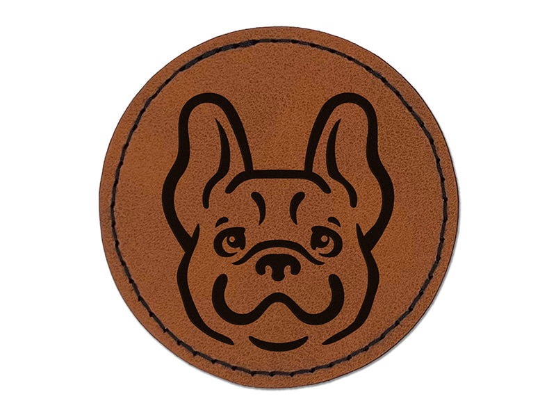 Happy French Bulldog Frenchie Dog Head Round Iron-On Engraved Faux Leather Patch Applique - 2.5"