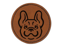 Happy French Bulldog Frenchie Dog Head Round Iron-On Engraved Faux Leather Patch Applique - 2.5"