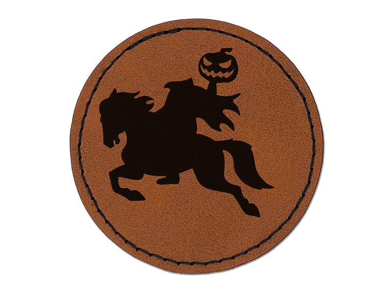 Headless Horseman Halloween Round Iron-On Engraved Faux Leather Patch Applique - 2.5"