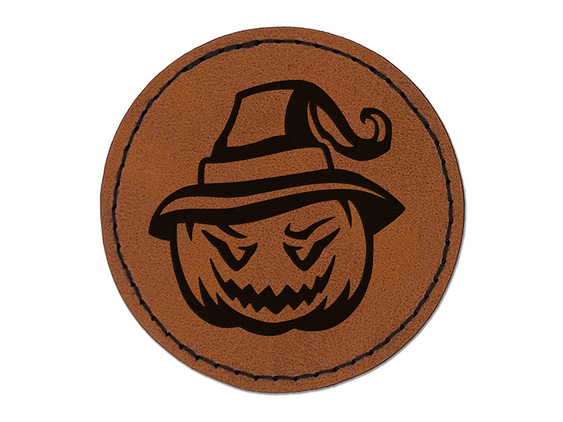 Jack-O'-Lantern Pumpkin Wearing Witch Hat Halloween Round Iron-On Engraved Faux Leather Patch Applique - 2.5"