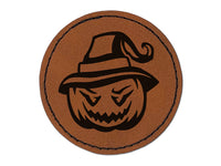 Jack-O'-Lantern Pumpkin Wearing Witch Hat Halloween Round Iron-On Engraved Faux Leather Patch Applique - 2.5"