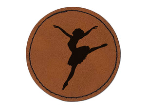 Lady Girl Ballerina Dancing Jumping Ballet Dance Round Iron-On Engraved Faux Leather Patch Applique - 2.5"