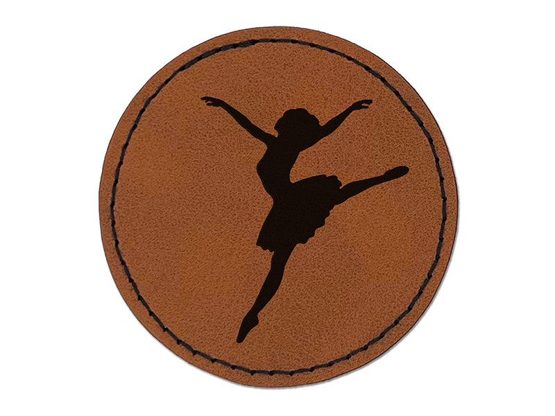 Lady Girl Ballerina Dancing Jumping Ballet Dance Round Iron-On Engraved Faux Leather Patch Applique - 2.5"