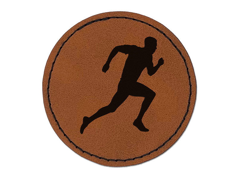 Man Running Marathon Cardio Exercise Round Iron-On Engraved Faux Leather Patch Applique - 2.5"