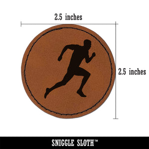 Man Running Marathon Cardio Exercise Round Iron-On Engraved Faux Leather Patch Applique - 2.5"