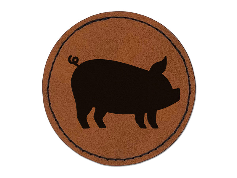 Pig Sideview Farm Animal Round Iron-On Engraved Faux Leather Patch Applique - 2.5"