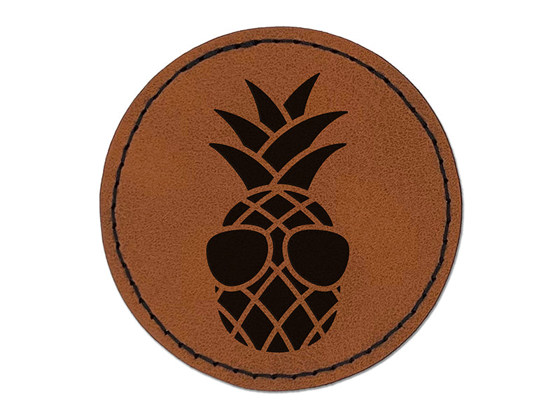 Pineapple Wearing Sunglasses Round Iron-On Engraved Faux Leather Patch Applique - 2.5"