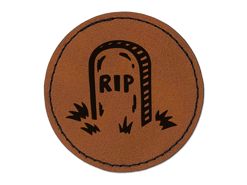 RIP Headstone Gravestone Tombstone Halloween Round Iron-On Engraved Faux Leather Patch Applique - 2.5"