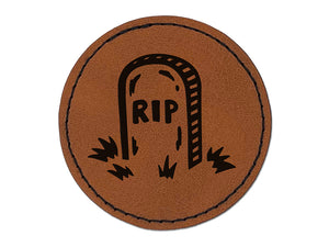 RIP Headstone Gravestone Tombstone Halloween Round Iron-On Engraved Faux Leather Patch Applique - 2.5"