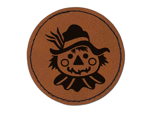 Scarecrow Head Fall Autumn Round Iron-On Engraved Faux Leather Patch Applique - 2.5"