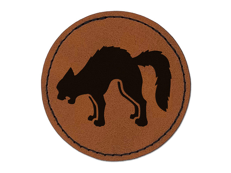 Scared Hissing Black Cat Halloween Round Iron-On Engraved Faux Leather Patch Applique - 2.5"
