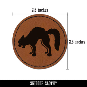 Scared Hissing Black Cat Halloween Round Iron-On Engraved Faux Leather Patch Applique - 2.5"