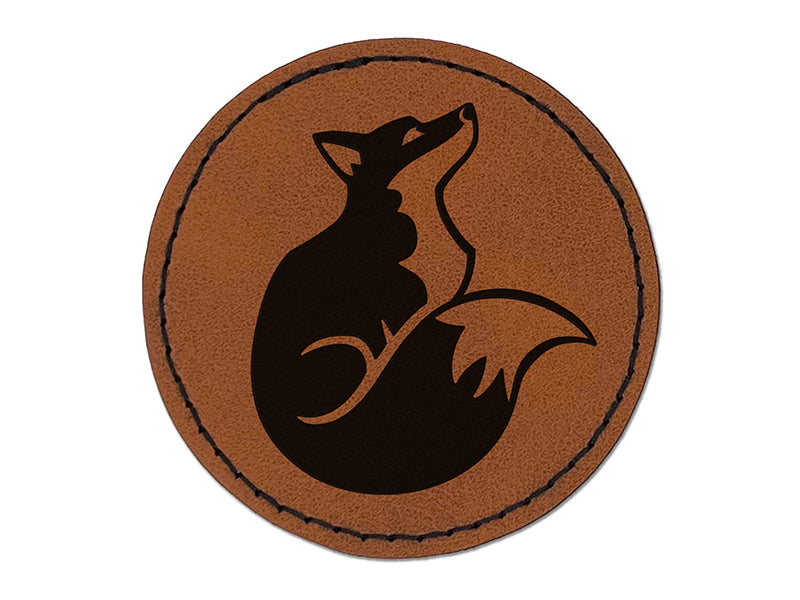 Sitting Fox Looking Up Round Iron-On Engraved Faux Leather Patch Applique - 2.5"