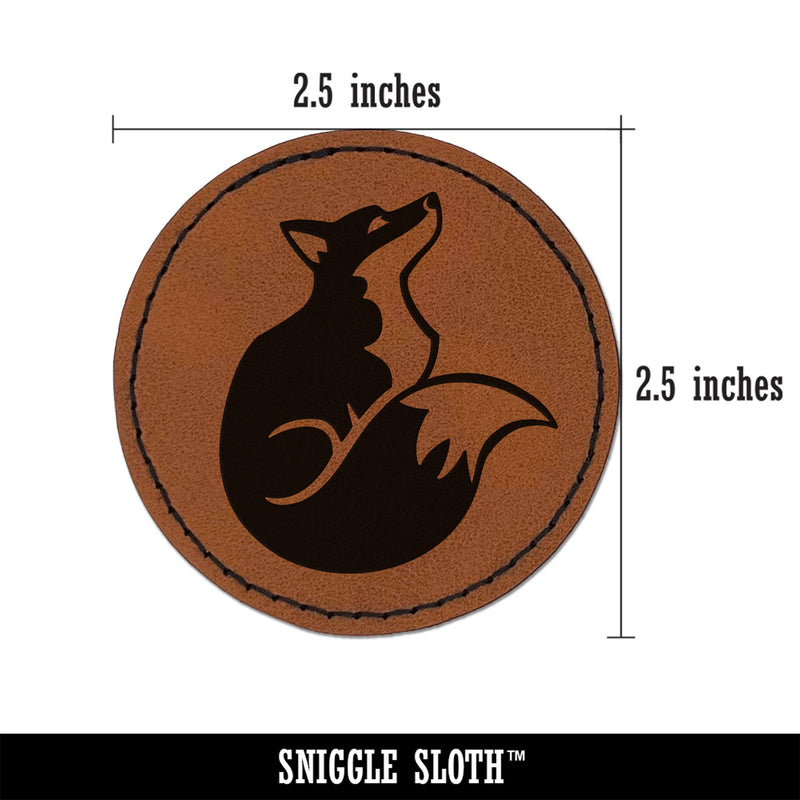 Sitting Fox Looking Up Round Iron-On Engraved Faux Leather Patch Applique - 2.5"