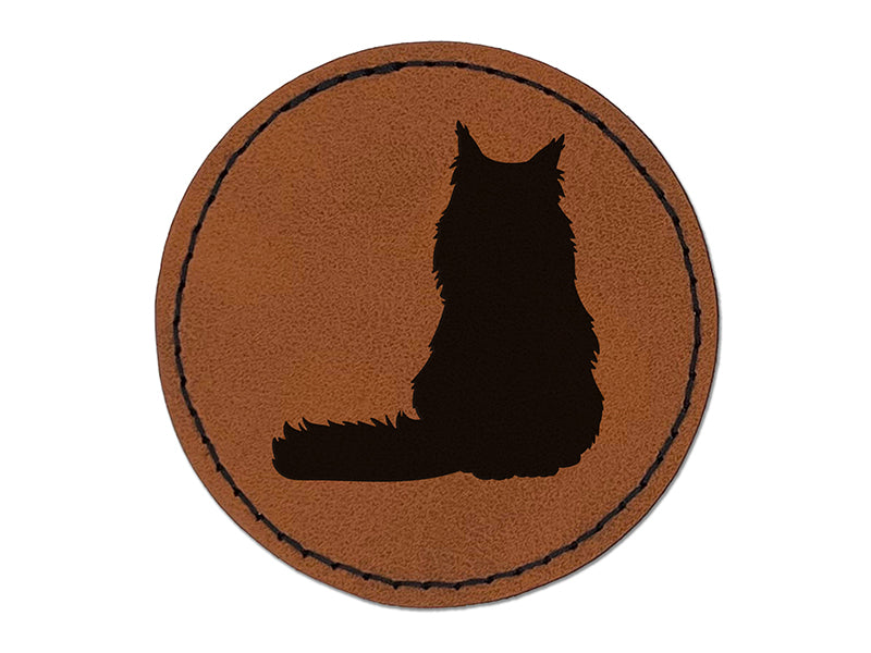 Sitting Maine Coon Cat Round Iron-On Engraved Faux Leather Patch Applique - 2.5"