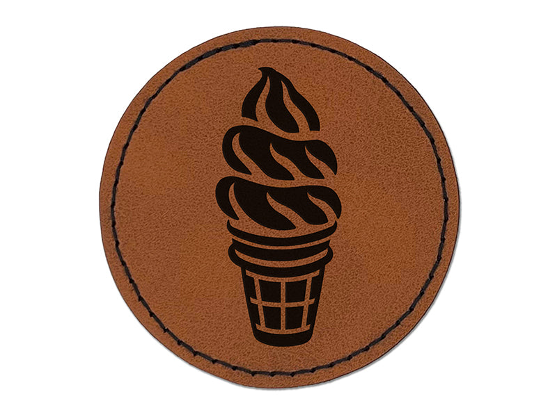 Soft Serve Ice Cream on a Cone Round Iron-On Engraved Faux Leather Patch Applique - 2.5"