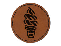 Soft Serve Ice Cream on a Cone Round Iron-On Engraved Faux Leather Patch Applique - 2.5"