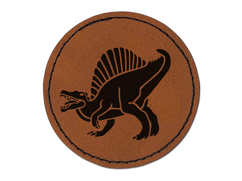 Spinosaurus Dinosaur Round Iron-On Engraved Faux Leather Patch Applique - 2.5"