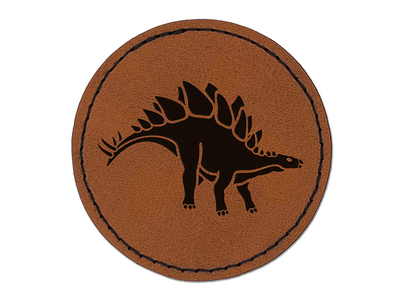 Stegosaurus Dinosaur Round Iron-On Engraved Faux Leather Patch Applique - 2.5"