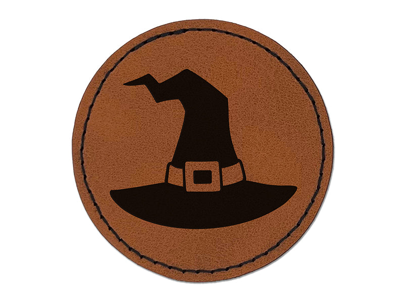 Stylized Witch Hat Halloween Round Iron-On Engraved Faux Leather Patch Applique - 2.5"
