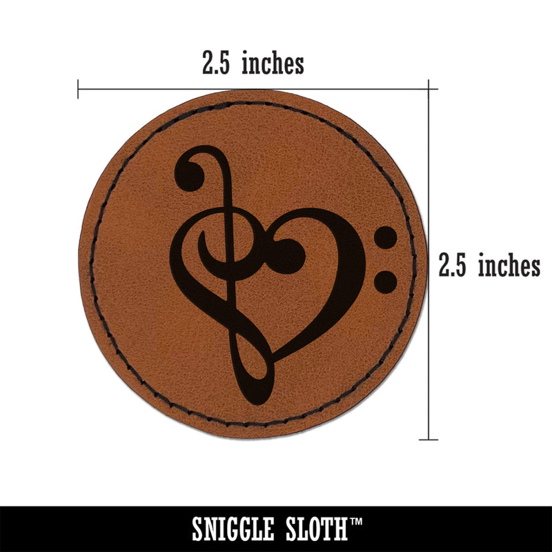 Treble Bass Clef Heart Music Love Round Iron-On Engraved Faux Leather Patch Applique - 2.5"