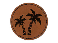 Two Palm Trees Tropical Round Iron-On Engraved Faux Leather Patch Applique - 2.5"