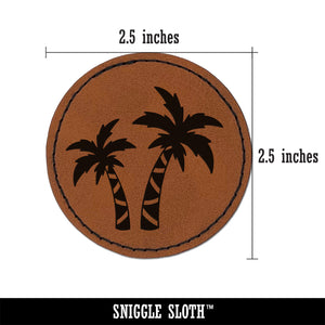 Two Palm Trees Tropical Round Iron-On Engraved Faux Leather Patch Applique - 2.5"