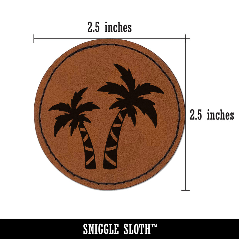 Two Palm Trees Tropical Round Iron-On Engraved Faux Leather Patch Applique - 2.5"