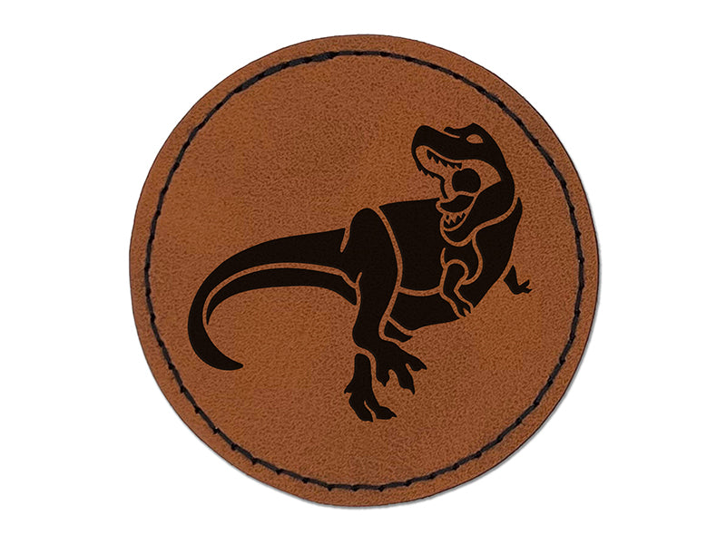 Tyrannosaurus Rex Dinosaur Roaring Round Iron-On Engraved Faux Leather Patch Applique - 2.5"