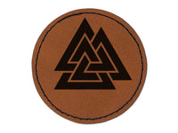 Valknut Symbol Viking Round Iron-On Engraved Faux Leather Patch Applique - 2.5"