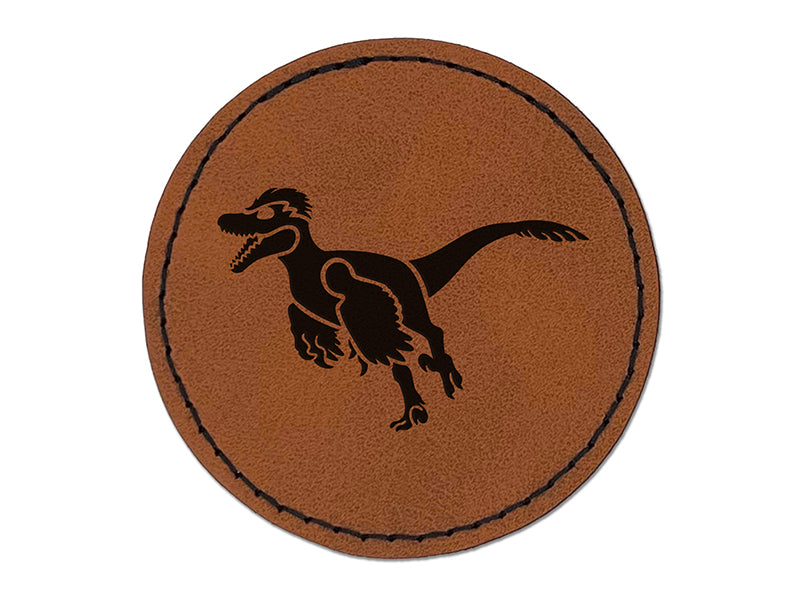 Velociraptor Dinosaur Running Round Iron-On Engraved Faux Leather Patch Applique - 2.5"
