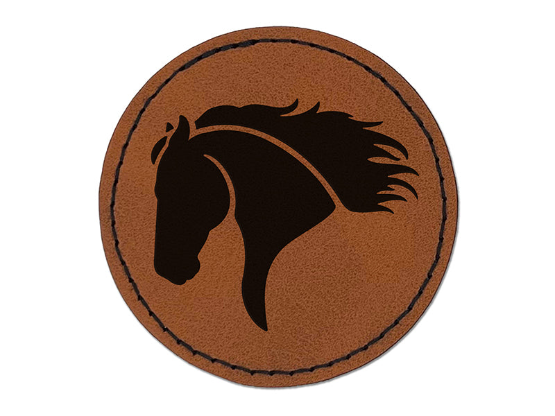 Wild Horse Head Mane Blowing Round Iron-On Engraved Faux Leather Patch Applique - 2.5"