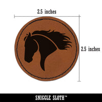 Wild Horse Head Mane Blowing Round Iron-On Engraved Faux Leather Patch Applique - 2.5"