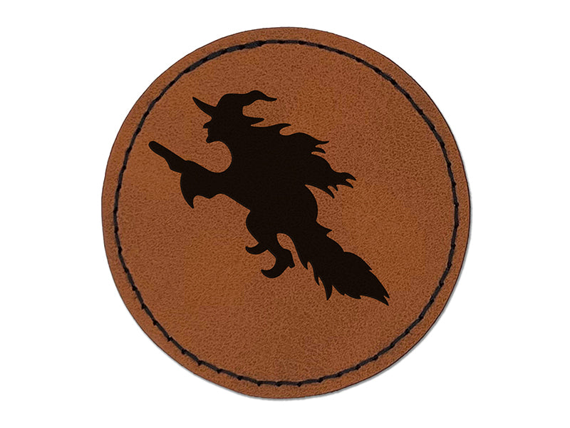 Witch Flying on a Broomstick Halloween Round Iron-On Engraved Faux Leather Patch Applique - 2.5"