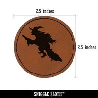 Witch Flying on a Broomstick Halloween Round Iron-On Engraved Faux Leather Patch Applique - 2.5"